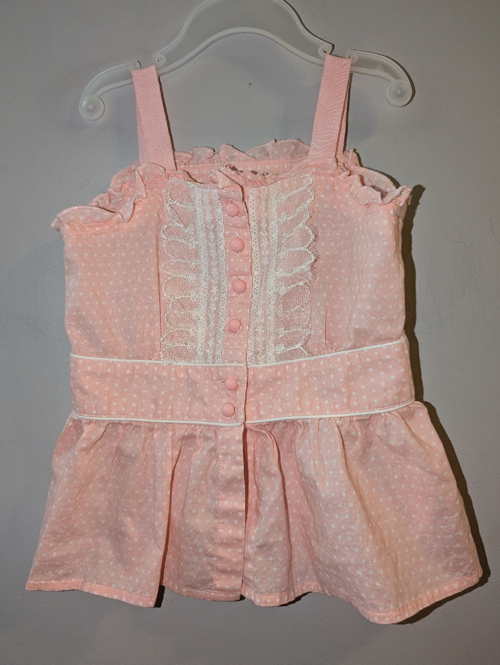 🩷 Nicholas & Bears Boutique Pink Polkadot Ruffled Tank Top with Lace Trim 4 Yrs
